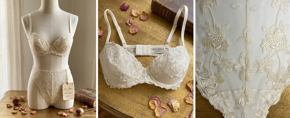 Vtg Nina Ricci Paris Lace Lingerie Set Bra 34 Thong M French Luxury Deadstock